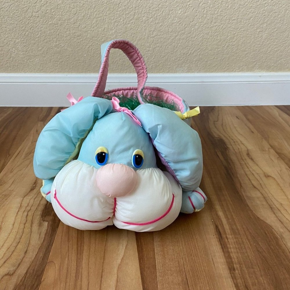 Vintage Nylon Easter Basket Blue Bunny Rabbit 14" Stuffed Animal 80's Easter